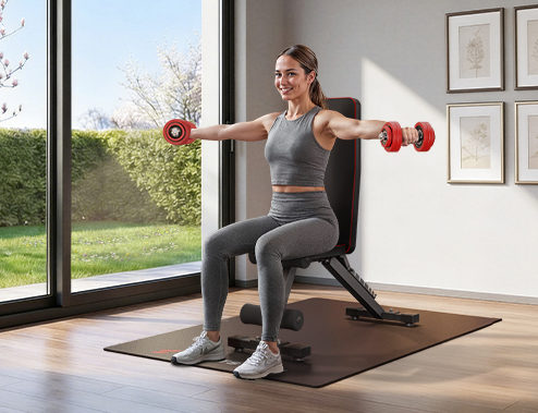 Frau mit Hantel sitzend auf Hantelbank
