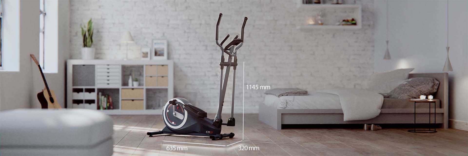 Crosstrainer CX625 von Sportstech Komplettansicht CX625 Crosstrainer mit Maßen, im Hintergrund Bett Regal und Gitarre