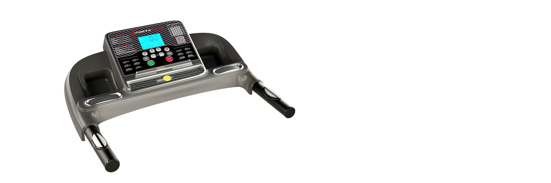 Konsole Schwarzes Laufband F10 Sportstech Konsole des schwarzes Laufbands F10 mit Pulssensor Griffen, Getränkehalter, Display und verschiedenen Knöpfen